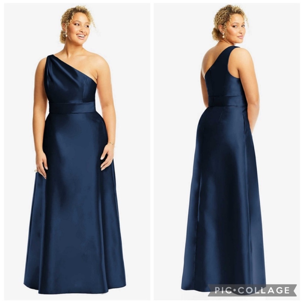 Alfred Sung D815S One Shoulder Satin Twill Gown Midnight Navy‎ 20